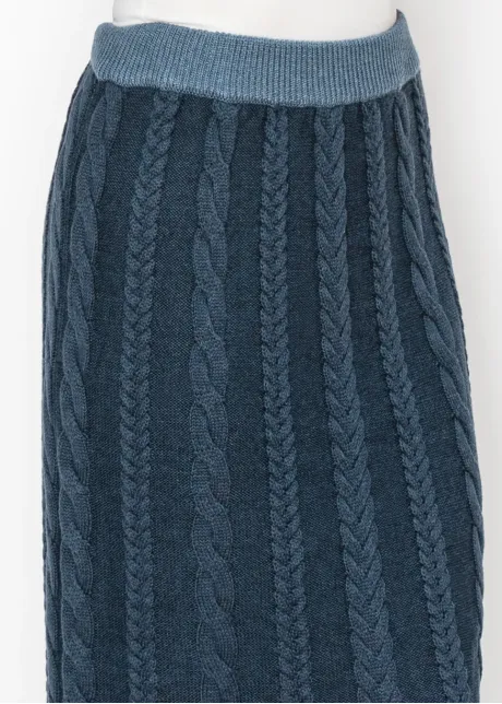 Long Blue Cable Knit Skirt with Elastic Waist