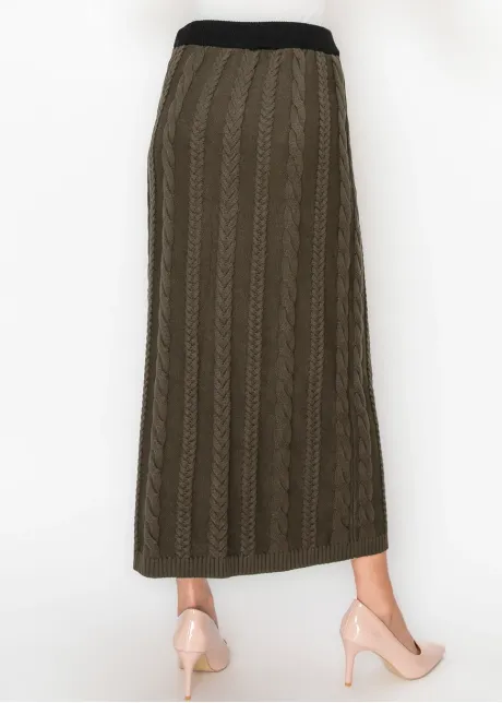 Long Olive Green Cable Knit Skirt