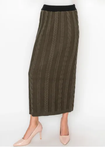 Long Olive Green Cable Knit Skirt