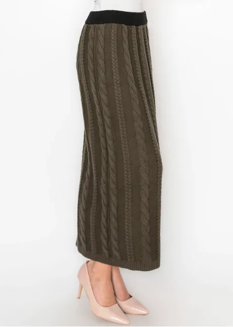 Long Olive Green Cable Knit Skirt