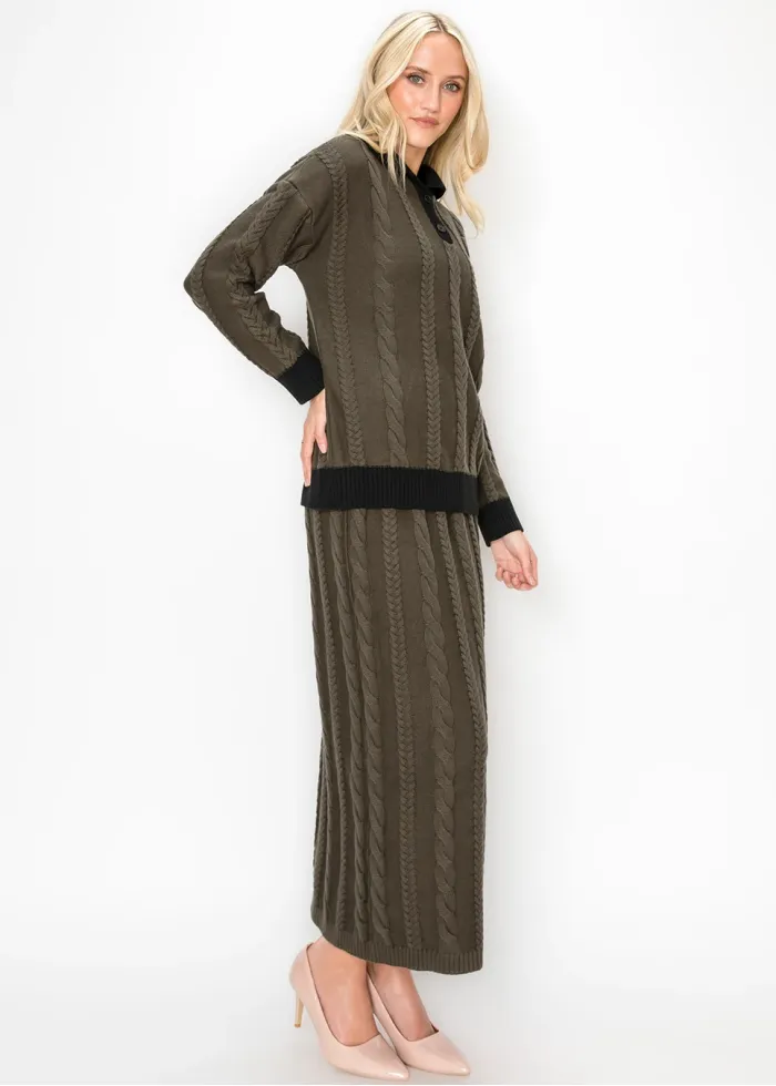 Long Olive Green Cable Knit Skirt