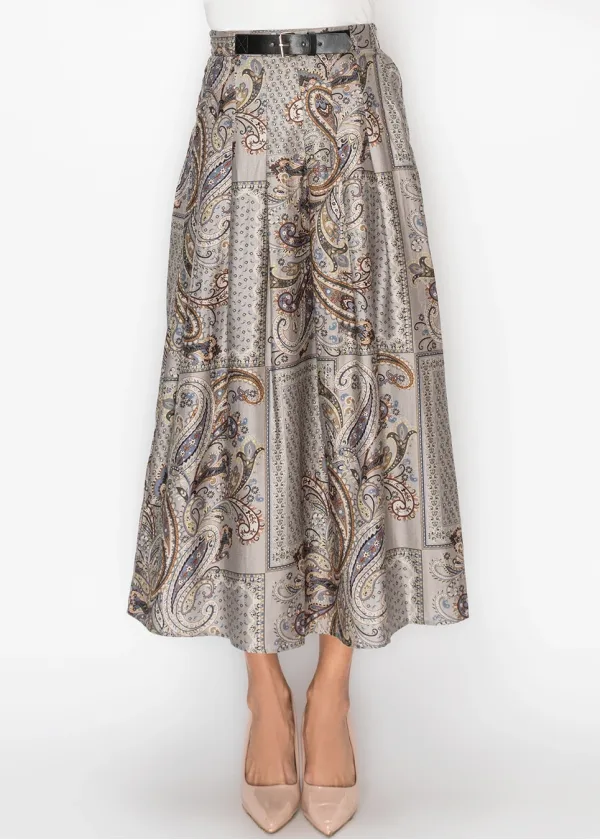 Paisley Print A Line Skirt in Grey