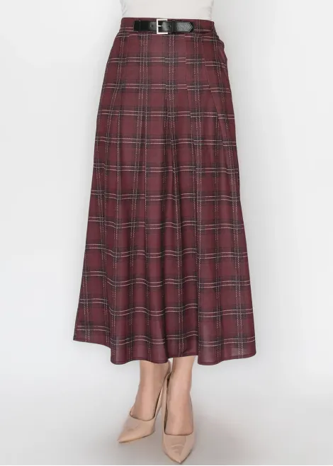 Wine Plaid A-Line Skirt with Elastic Waist