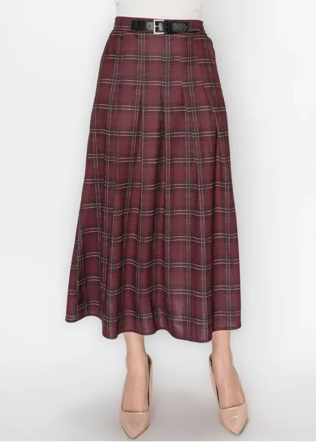 Wine Plaid A-Line Skirt with Elastic Waist