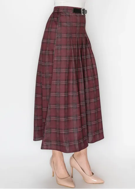 Wine Plaid A-Line Skirt with Elastic Waist