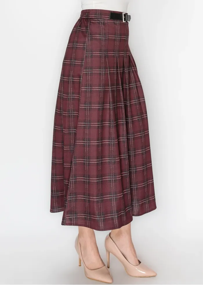 Wine Plaid A-Line Skirt with Elastic Waist