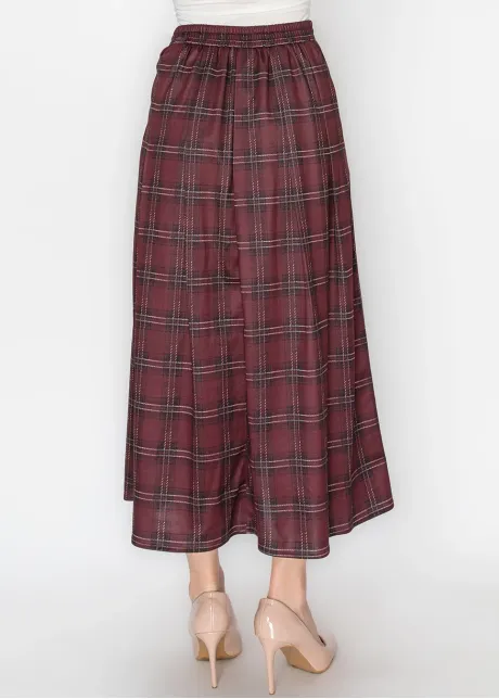 Wine Plaid A-Line Skirt with Elastic Waist