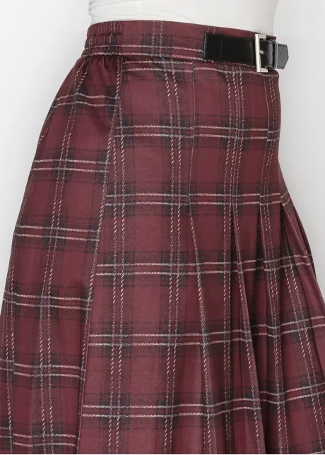 Wine Plaid A-Line Skirt with Elastic Waist