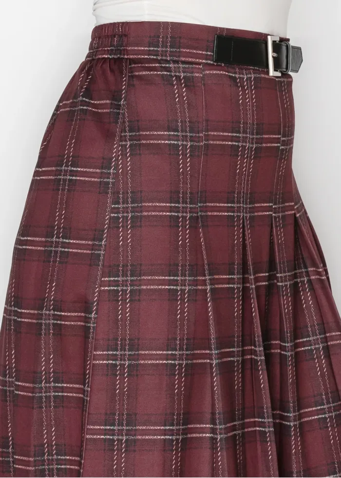 Wine Plaid A-Line Skirt with Elastic Waist