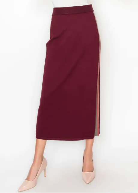 Burgundy Knit Skirt with Side Stripe