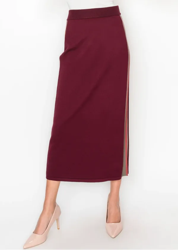 Burgundy Knit Skirt with Side Stripe