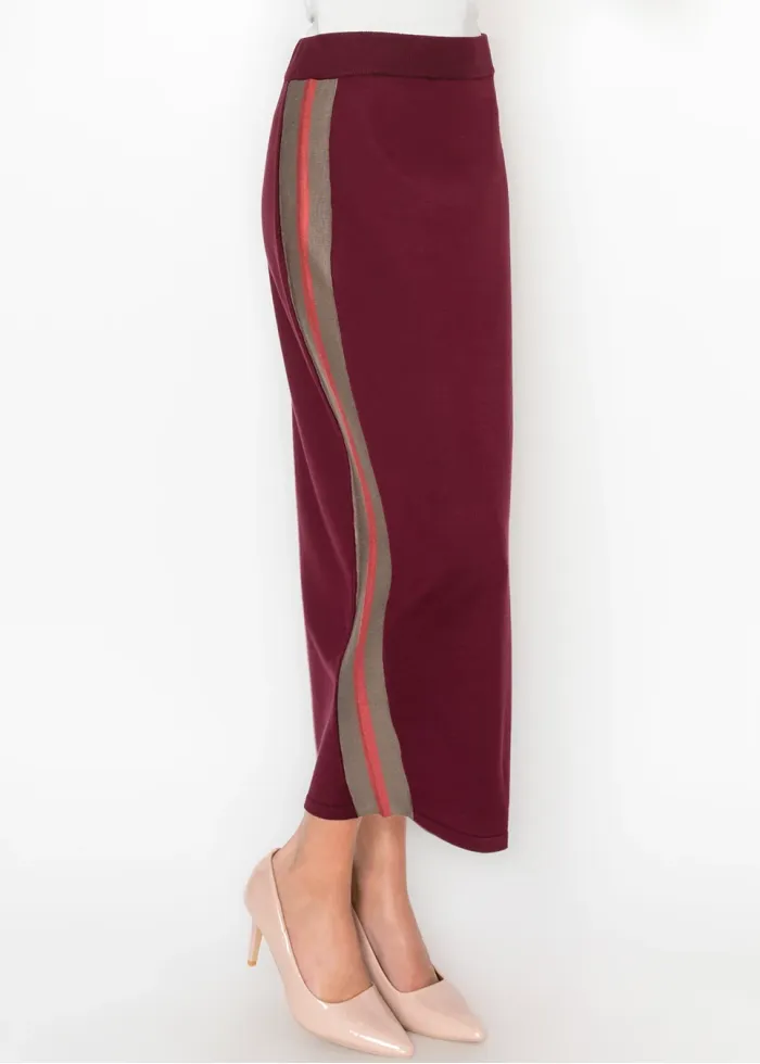Burgundy Knit Skirt with Side Stripe