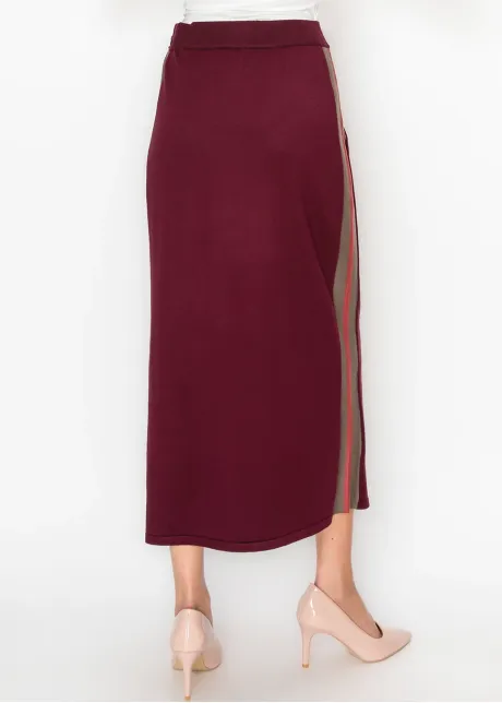 Burgundy Knit Skirt with Side Stripe