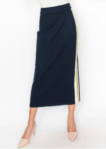 Navy Knit Skirt with Side Stripe