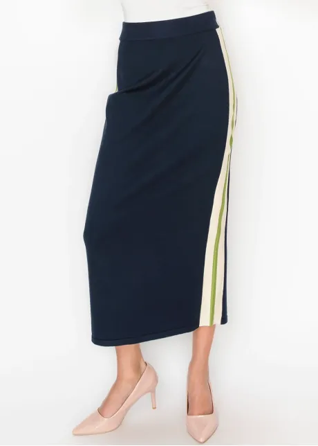 Navy Knit Skirt with Side Stripe
