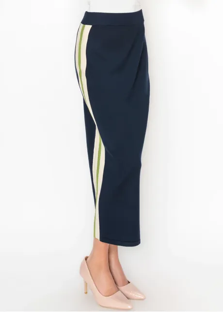 Navy Knit Skirt with Side Stripe