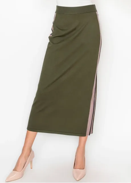 Olive Knit Skirt with Side Stripe