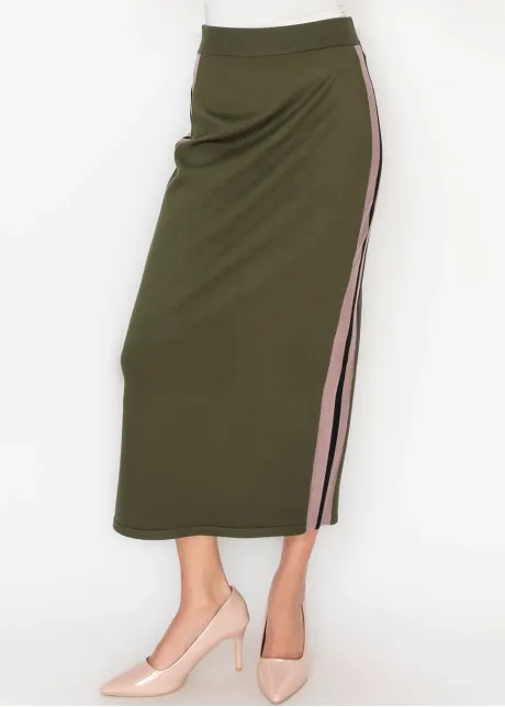 Olive Knit Skirt with Side Stripe