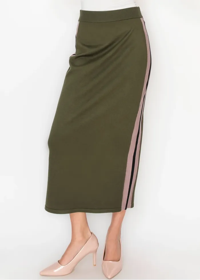Olive Knit Skirt with Side Stripe