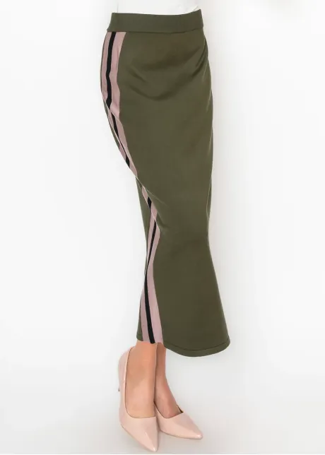 Olive Knit Skirt with Side Stripe