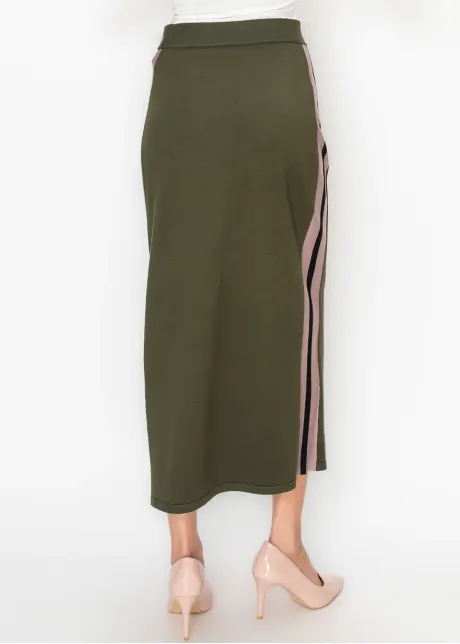 Olive Knit Skirt with Side Stripe