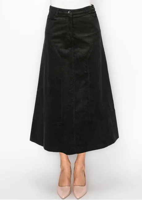 Black Corduroy A-Line Midi Skirt