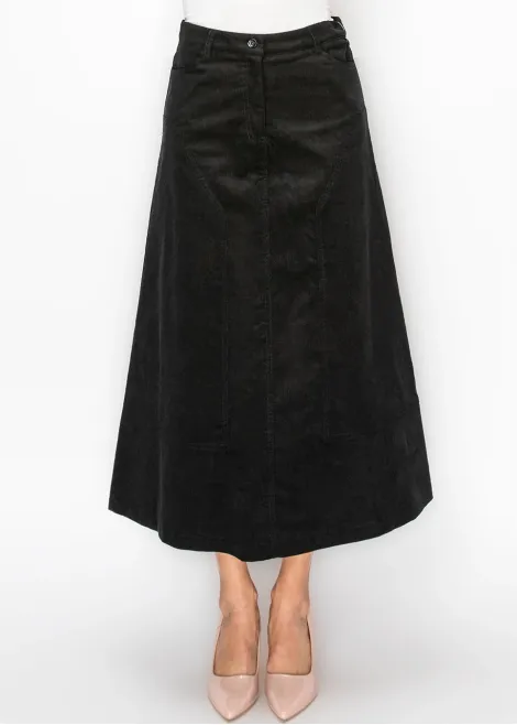 Black Corduroy A-Line Midi Skirt