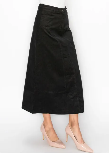 Black Corduroy A-Line Midi Skirt