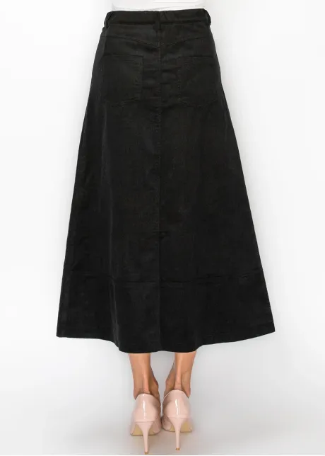 Black Corduroy A-Line Midi Skirt