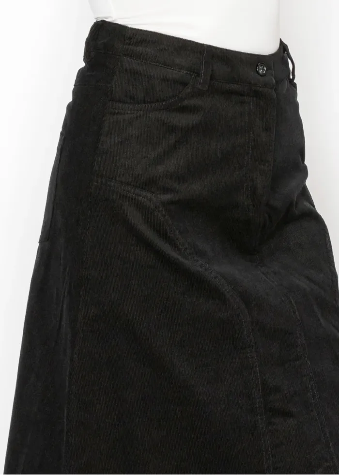 Black Corduroy A-Line Midi Skirt