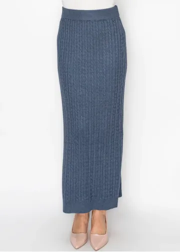 Blue Cable Knit Skirt with Elastic Waist