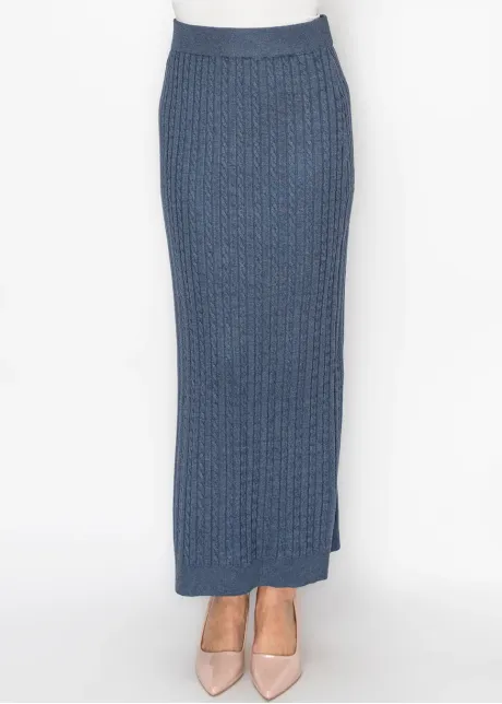 Blue Cable Knit Skirt with Elastic Waist