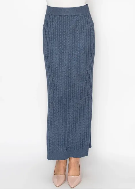 Blue Cable Knit Skirt with Elastic Waist