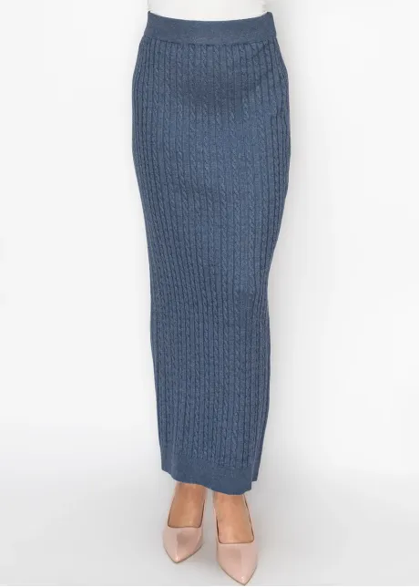 Blue Cable Knit Skirt with Elastic Waist