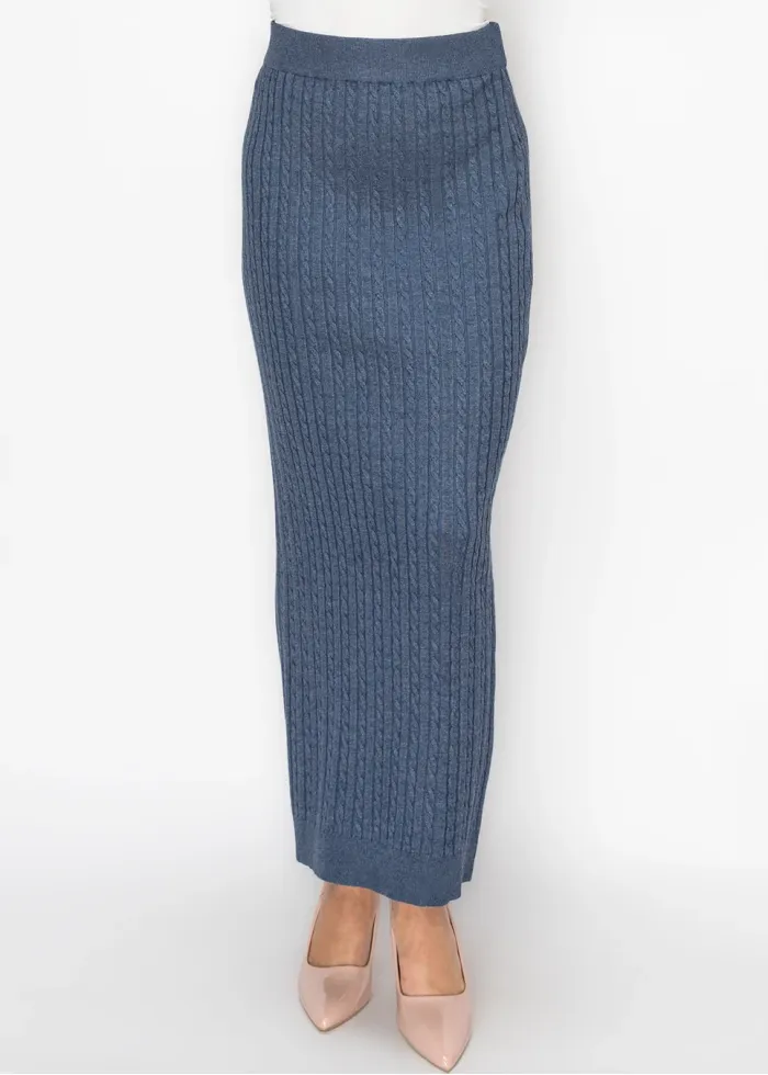 Blue Cable Knit Skirt with Elastic Waist