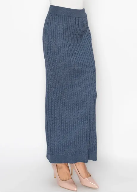 Blue Cable Knit Skirt with Elastic Waist