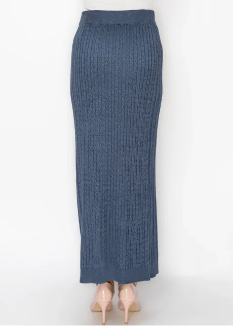 Blue Cable Knit Skirt with Elastic Waist