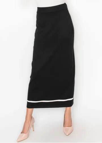 Black Knit Skirt with Cream Hem Stripe