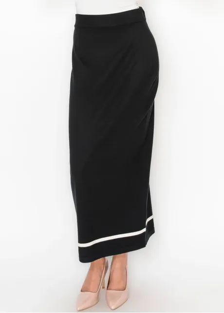 Black Knit Skirt with Cream Hem Stripe