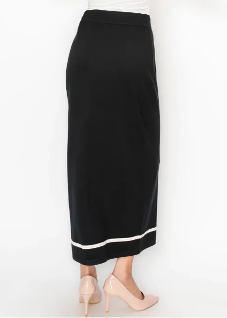 Black Knit Skirt with Cream Hem Stripe