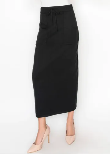 Drawstring Knit Skirt with Pockets in Black