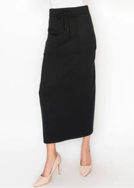 Drawstring Knit Skirt with Pockets in Black