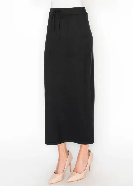 Drawstring Knit Skirt with Pockets in Black