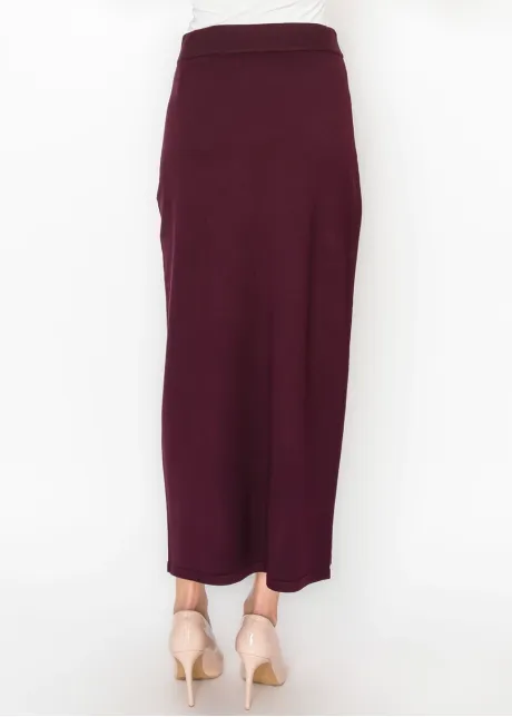 Drawstring Knit Skirt with Pockets in Burgundy