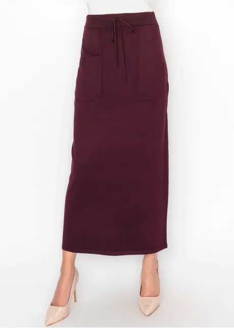 Drawstring Knit Skirt with Pockets in Burgundy