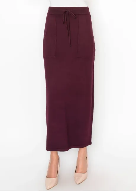 Drawstring Knit Skirt with Pockets in Burgundy