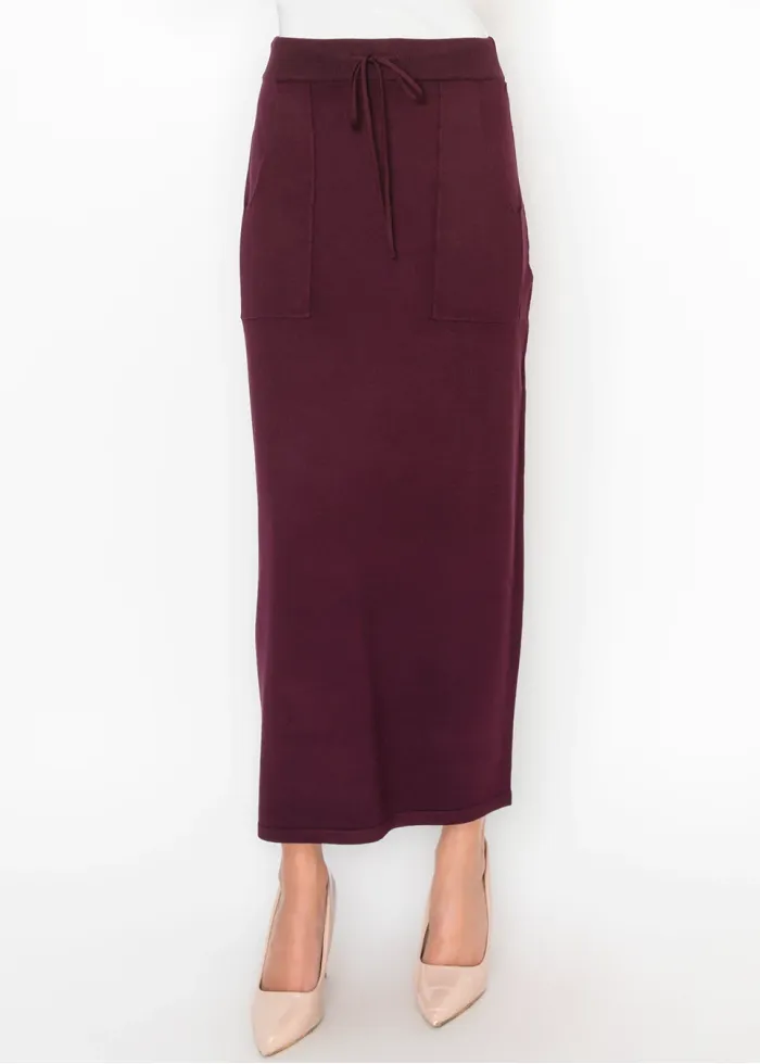 Drawstring Knit Skirt with Pockets in Burgundy