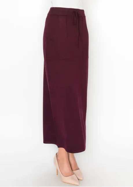 Drawstring Knit Skirt with Pockets in Burgundy