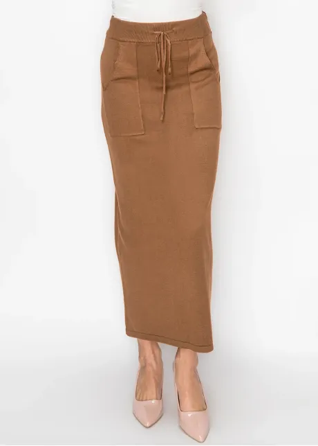 Long Knit Skirt in Camel with Patch Pockets