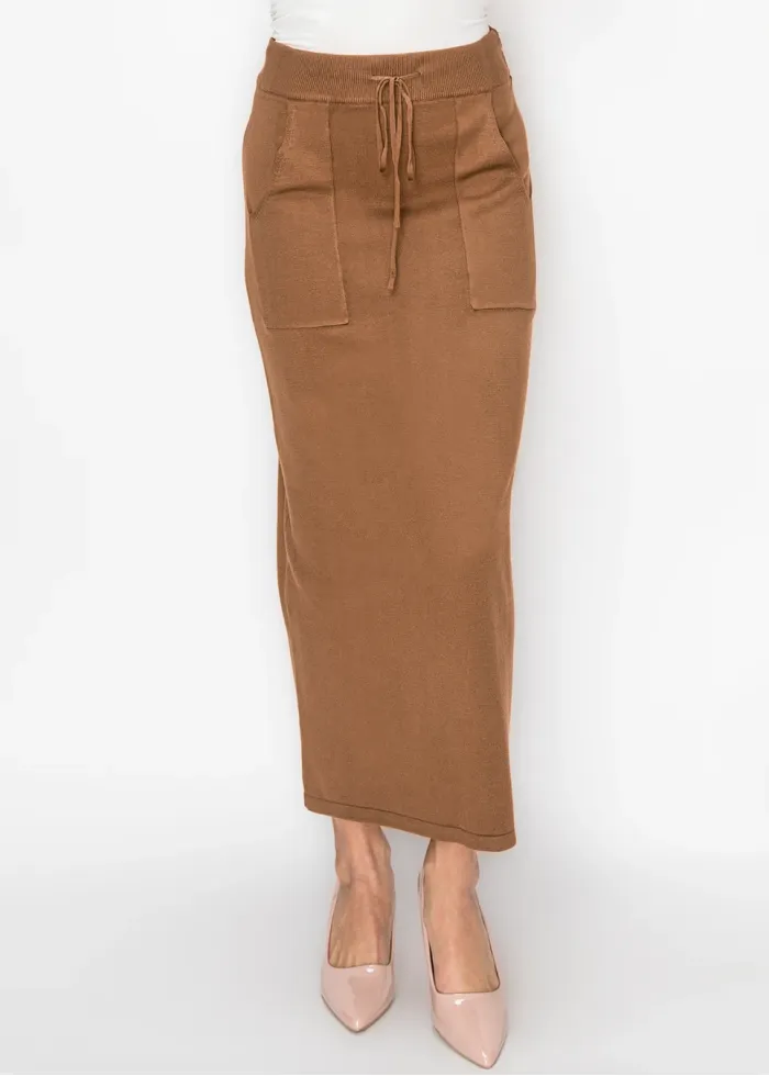 Long Knit Skirt in Camel with Patch Pockets